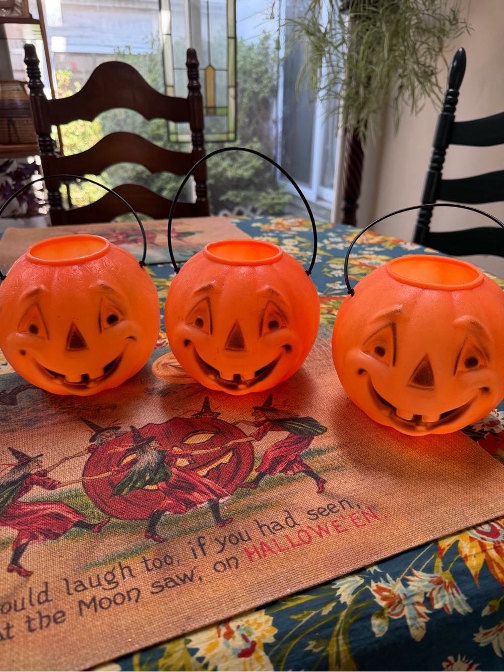 Orange Halloween Jack-O'-Lantern Candy Buckets - vintage pumpkins set of 3